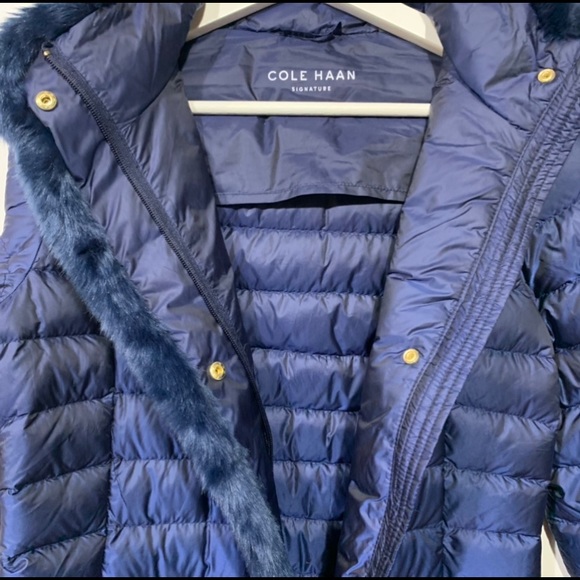 Cole Haan Down Quilted Puffer Hooded Jacket Faux Fur Trim Iridescent Blue Sz XS - Picture 4 of 16